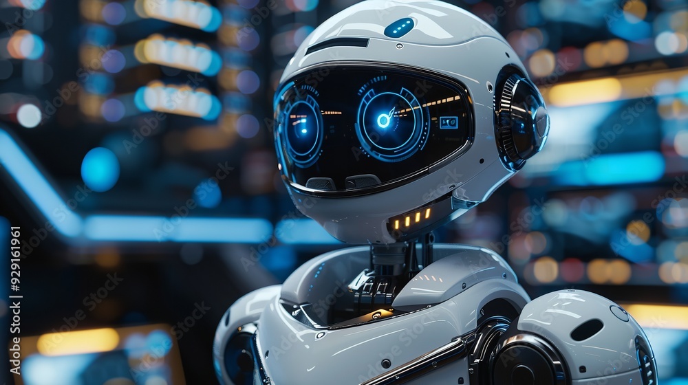cybersecurity, high-tech robot head with illuminated eyes, against a neon-lit background cybersecurity, high-tech robot head with illuminated eyes, against a neon-lit background
