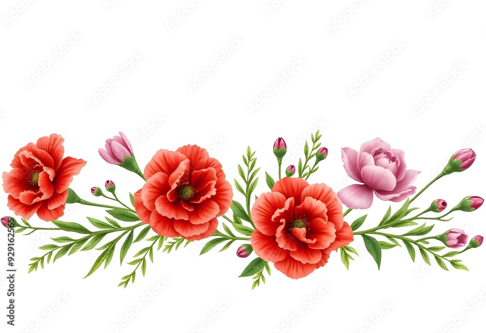 A bouquet of vibrant red carnation flowers with green leaves against a white background