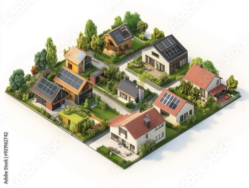 Modern village, suburban development with smart homes, white background, 3D illustration
