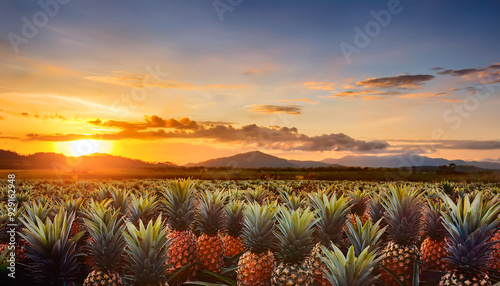 sunset scene capturing pineapple harvest golden hues illuminate sky rich colors tropical fruit celebrating end fruitful day photo