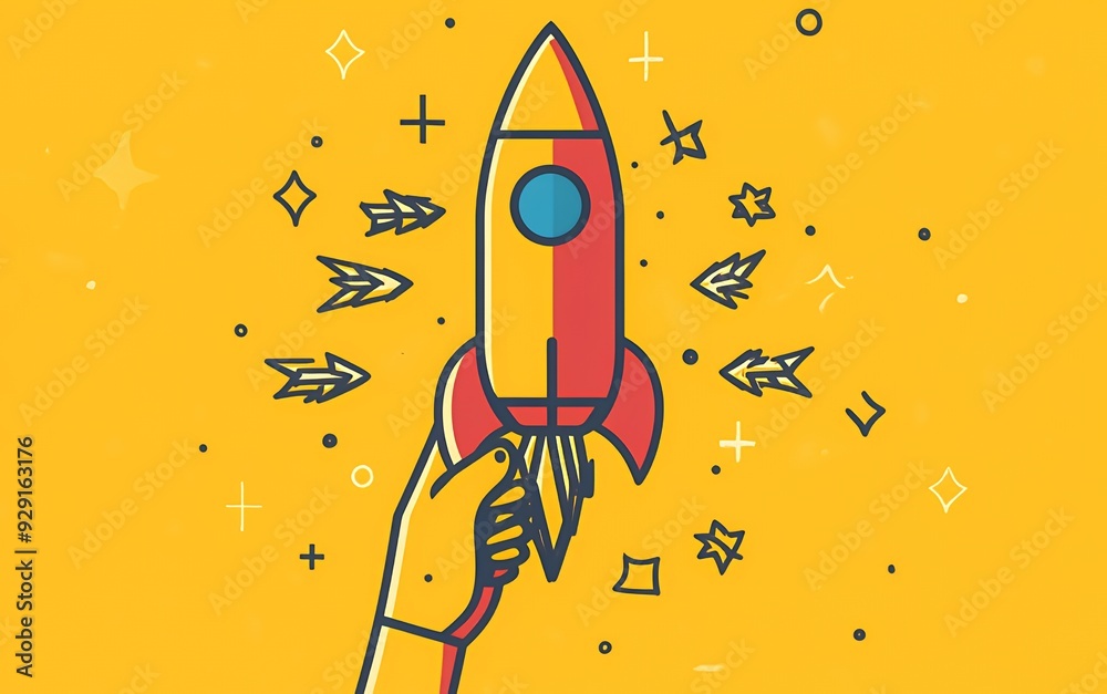 A colorful rocket illustration being held, surrounded by stars and arrows, symbolizing innovation. A colorful rocket illustration being held, surrounded by stars and arrows, symbolizing innovation.