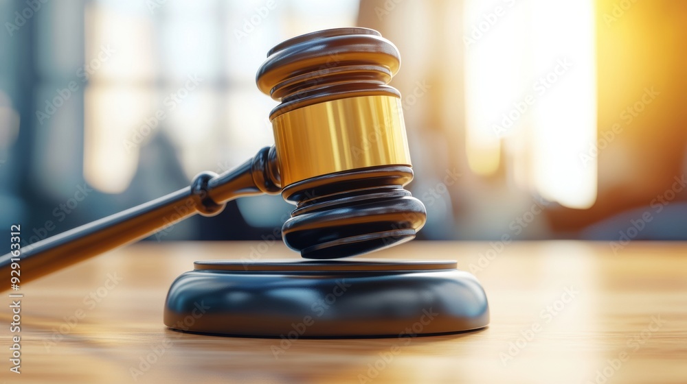 A gavel on a wooden table with the sun shining through, AI A gavel on a wooden table with the sun shining through, AI