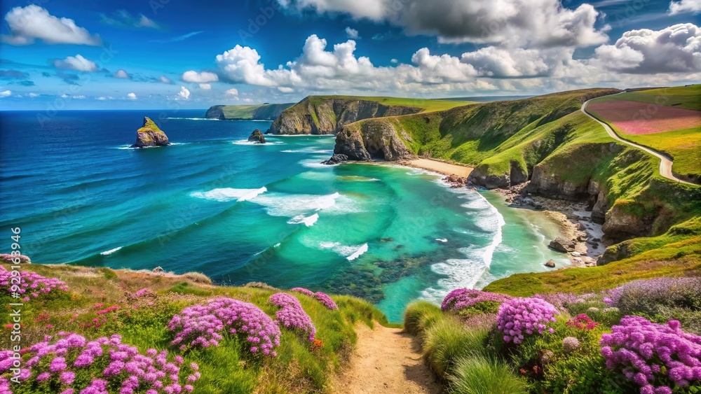 Fototapeta premium Sweeping cliffs, turquoise ocean, and windswept wildflowers frame a serene section of Cornwall's rugged coastline, where the South West Coast Path winds its way.