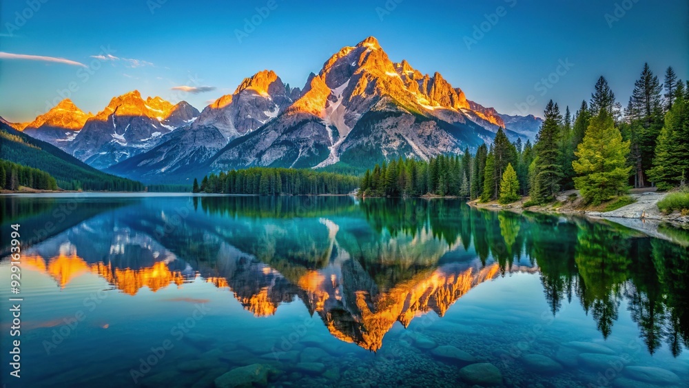 Obraz premium Sweeping vista of majestic Grand Teton mountain range reflected in serene turquoise waters of-Jenny Lake at dawn, Grand Teton National Park, Wyoming, USA.