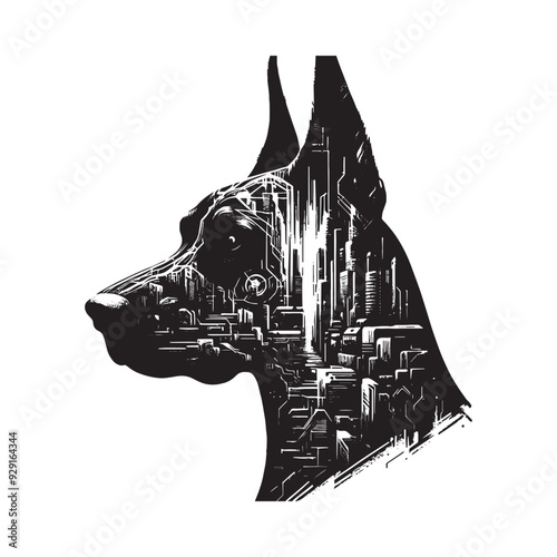 silhouette of Doberman, filled with destroyed futuristic dystopia environment in rough drawing,