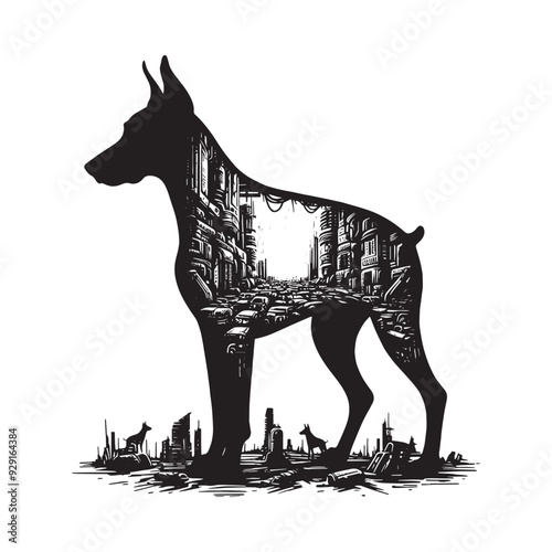 silhouette of Doberman, filled with destroyed futuristic dystopia environment in rough drawing,