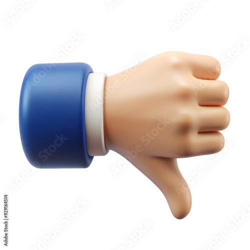 3D cartoon hand showing a thumbs down gesture, representing disapproval or dislike. The hand is closed with the thumb pointing downward. Isolated on transparent background, png. photo