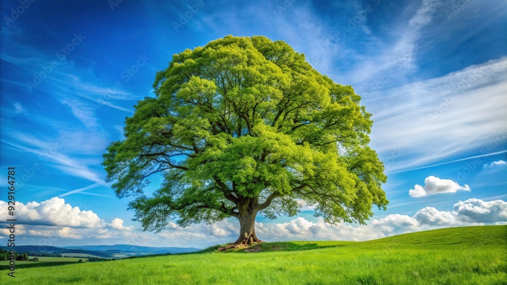 Tall, majestic sycamore tree stands alone in a lush green meadow, its white bark and sprawling branches a striking contrast to the blue sky above. Tall, majestic sycamore tree stands alone in a lush green meadow, its white bark and sprawling branches a striking contrast to the blue sky above.
