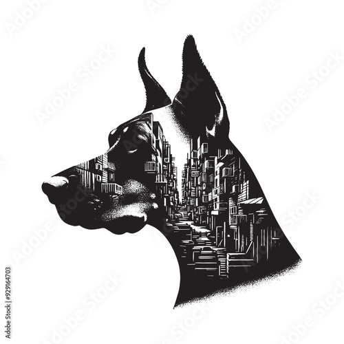silhouette of Doberman, filled with ghetto street in rough drawing,