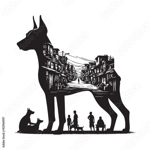 silhouette of Doberman, filled with ghetto street in rough drawing,