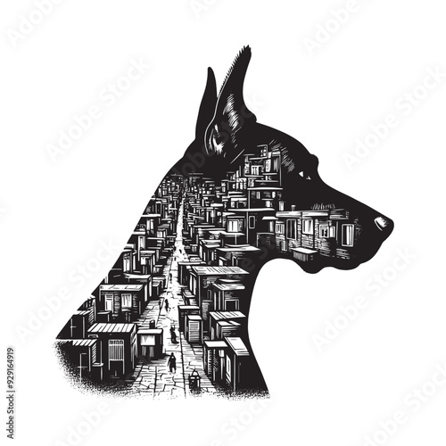 silhouette of Doberman, filled with ghetto street in rough drawing,