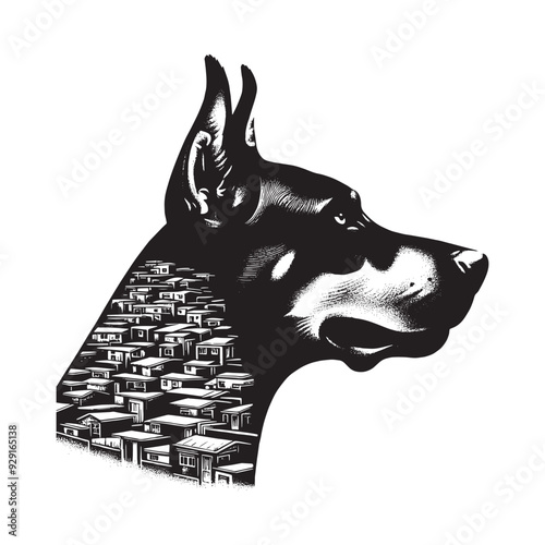 silhouette of Doberman, filled with ghetto street in rough drawing,