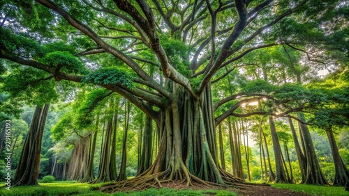 Tall, slender Ficus virens tree with dense, dark green foliage and smooth grey trunk rising from a lush, vibrant green forest undergrowth background. photo