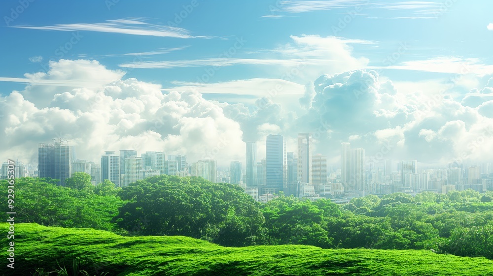 City Skyline with Lush Green Trees and Blue Sky City Skyline with Lush Green Trees and Blue Sky