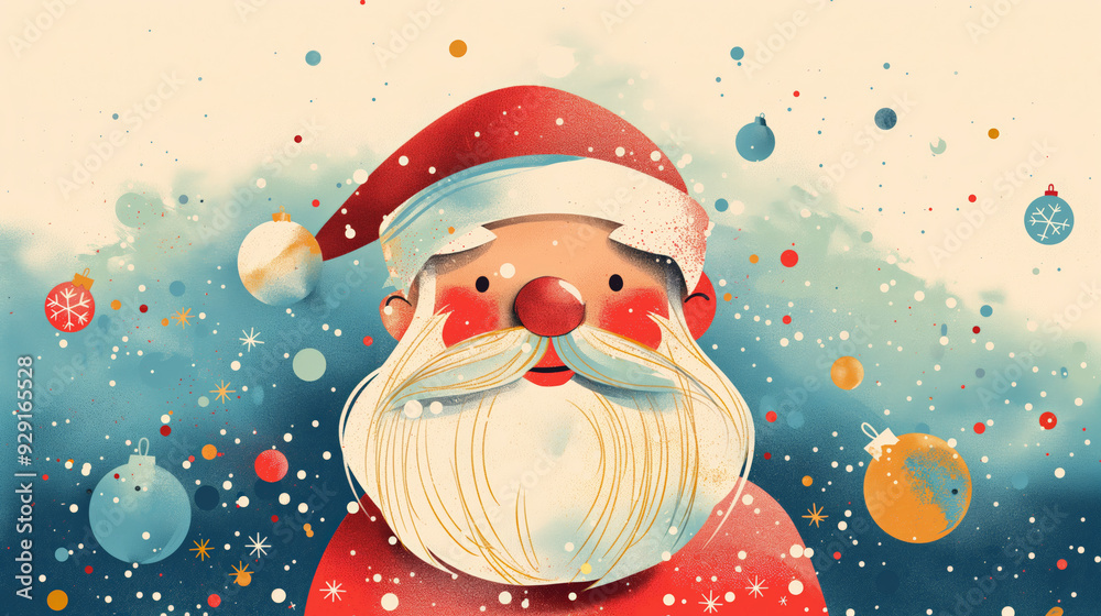 A whimsical watercolor illustration of Santa Claus with a warm smile, surrounded by colorful confetti-like dots on a light background. A whimsical watercolor illustration of Santa Claus with a warm smile, surrounded by colorful confetti-like dots on a light background.