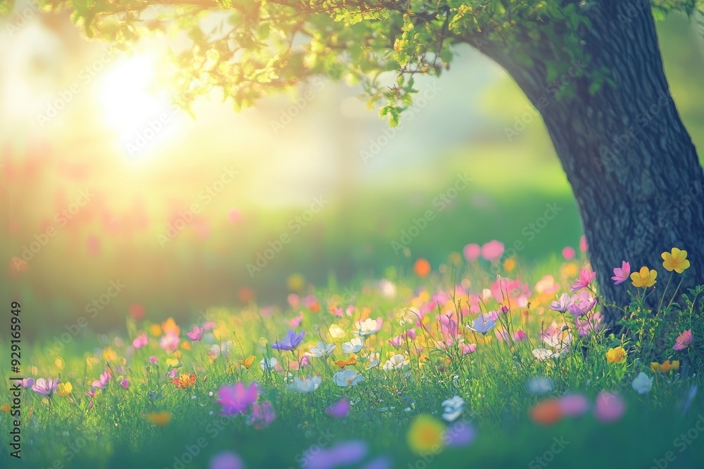 Blur background of colorful vibrant flower field surrounded grass field and tree. Spring and nature conservation concept. with generative ai Blur background of colorful vibrant flower field surrounded grass field and tree. Spring and nature conservation concept. with generative ai