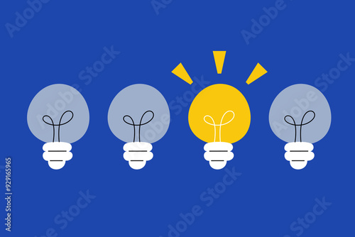Creativity Concept Vector Illustration with Light Bulbs on Blue Background and One Bulb On