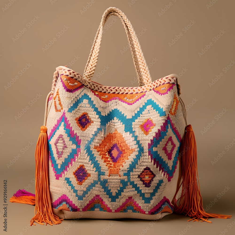 A colorful woven bag with geometric patterns and tassels, ideal for casual outings. A colorful woven bag with geometric patterns and tassels, ideal for casual outings.