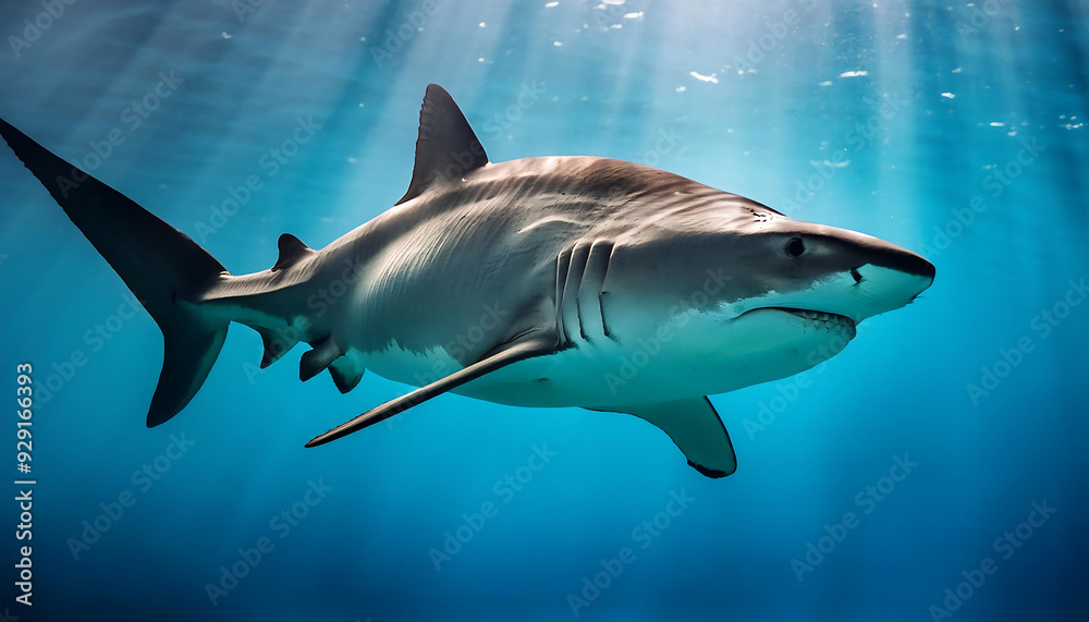 Obraz premium tiger shark swimming majestically sea showcasing strength grace ocean depths