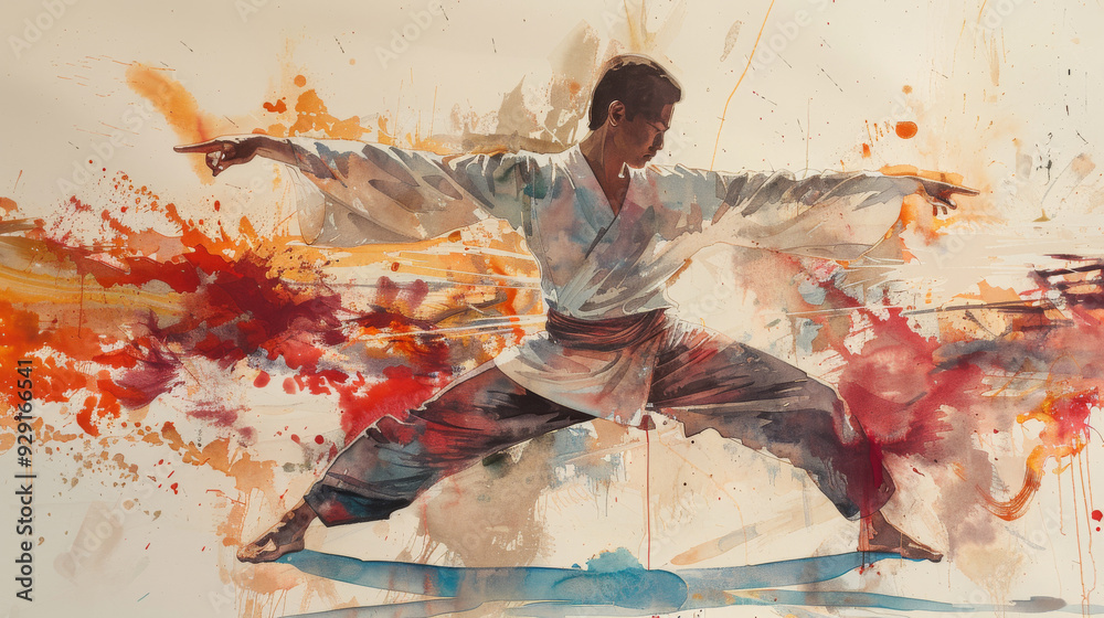 A man in a white shirt and black pants is doing a martial arts pose A man in a white shirt and black pants is doing a martial arts pose