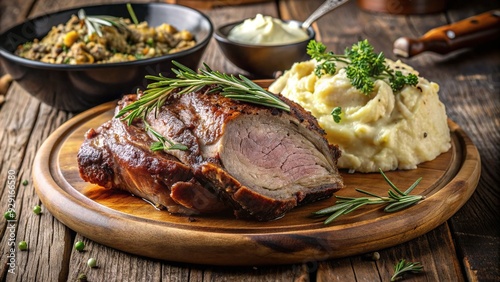 Tenderly roasted lamb shoulder with a crispy brown crust, garnished with fresh rosemary and served with a side of creamy garlic mashed potatoes.