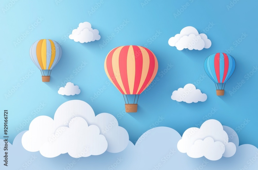 Fototapeta premium vector illustration of cute hot air balloons flying in the sky, paper-cut style with clouds, flat design, blue background