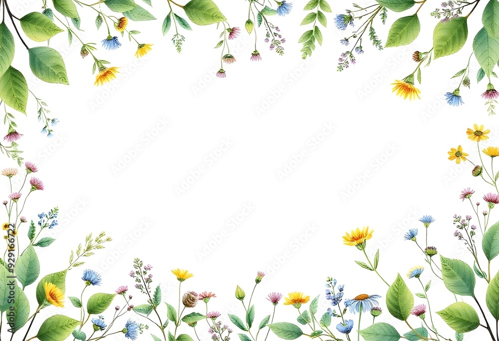 Obraz premium Spring flowers frame. Colorful flowers and leaves frame on a white background, including orange and yellow flowers, green leaves, and other floral elements
