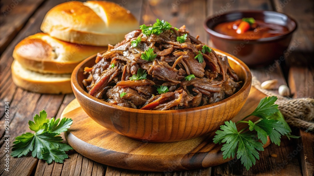 Tender pulled beef piled high in a rustic wooden bowl, garnished with fresh parsley and served with crusty bread and a side of tangy BBQ sauce. Tender pulled beef piled high in a rustic wooden bowl, garnished with fresh parsley and served with crusty bread and a side of tangy BBQ sauce.