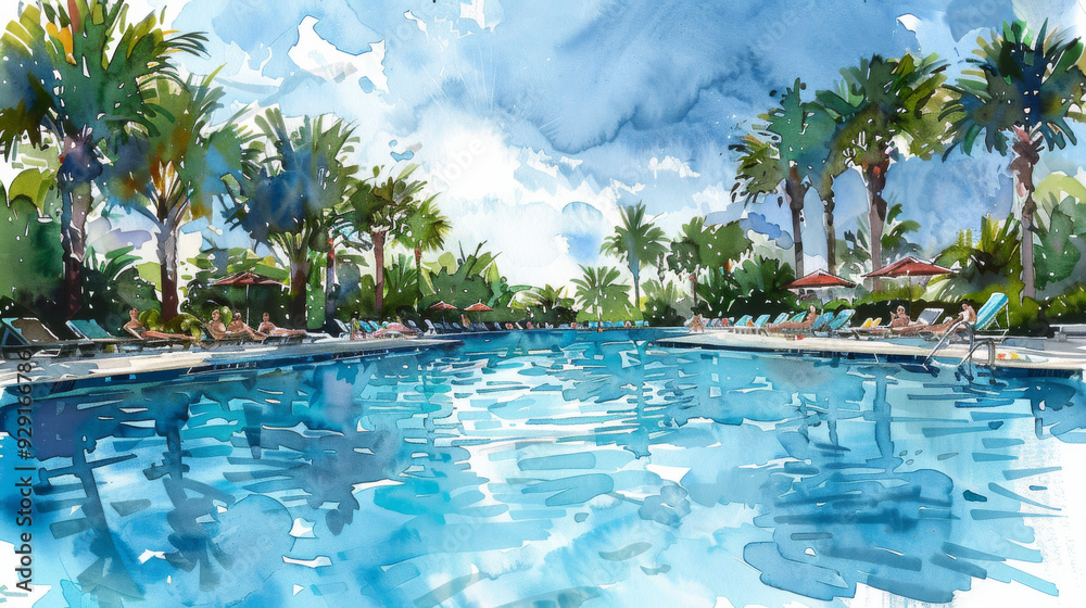 Fototapeta premium A painting of a pool with palm trees in the background