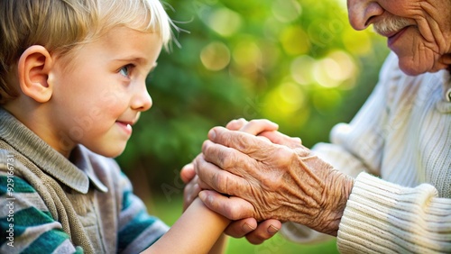 Tender moment of intergenerational bonding, an elderly person's wrinkled hands gently clasped around a young child's small hands, exuding love, trust, and warmth. photo