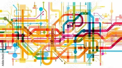 A subway map clipart, simplified metro lines, bright colors, modern graphic design, isolated on white background