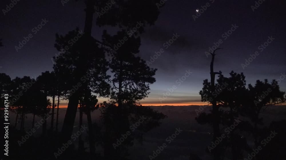 Trees on the side of Acatenango volcano above the clouds at dawn. The crescent moon and stars above the city lights of Antigua as the sun starts to rise Trees on the side of Acatenango volcano above the clouds at dawn. The crescent moon and stars above the city lights of Antigua as the sun starts to rise