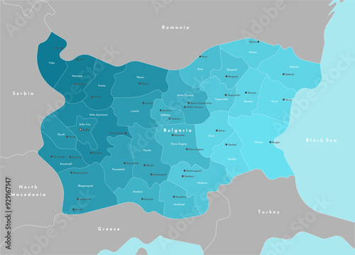 Vector modern illustration. Simplified administrative map of Bulgaria. Border with nearest states Sebia, Greece and etc. Blue background of Black sea. Names of cities and provinces photo