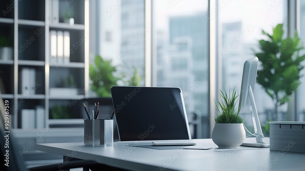 Modern Workspace Serenity: A clean, minimalist desk setup in a contemporary office, bathed in natural light with a laptop ready for work. Modern Workspace Serenity: A clean, minimalist desk setup in a contemporary office, bathed in natural light with a laptop ready for work.