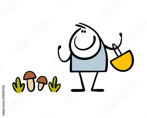 Doodle man found a lot of mushrooms in the forest. Vector illustration of  collector and a hunter. Cartoon stickman holds an empty basket and rejoices in the loot.  Funny walk in nature.