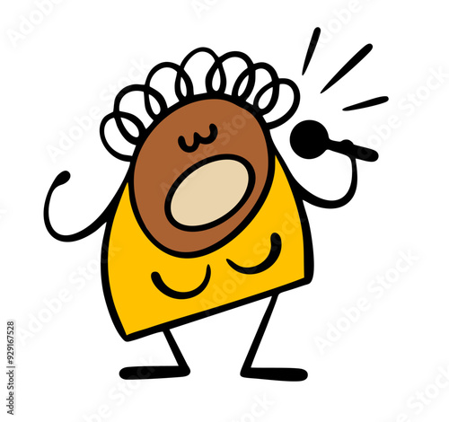 Cartoon  black singer opens her mouth wide and sings a jazz song. Vector illustration of a woman in a yellow dress holding  microphone on stage. Concert by   popular artist in the theater.
