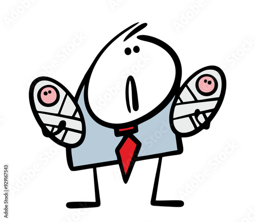 Confused man holds newborn twins in his arms. Vector illustration of  father in maternity hospital. Cartoon disgruntled parent is upset by the appearance of two children.