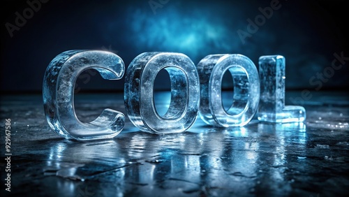 The word "COOL" sculpted from gleaming ice, shimmering with frosty elegance against a dark, muted background, evoking refreshing serenity and wintry sophistication.