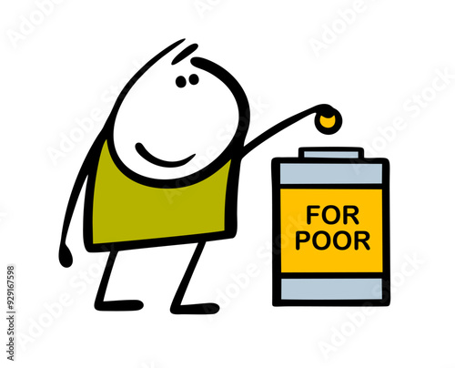 Stickman puts the coin donation box. Vector illustration of charity for the sick and poor. Very kind person helps people in trouble. Isolated cartoon boy on white background.