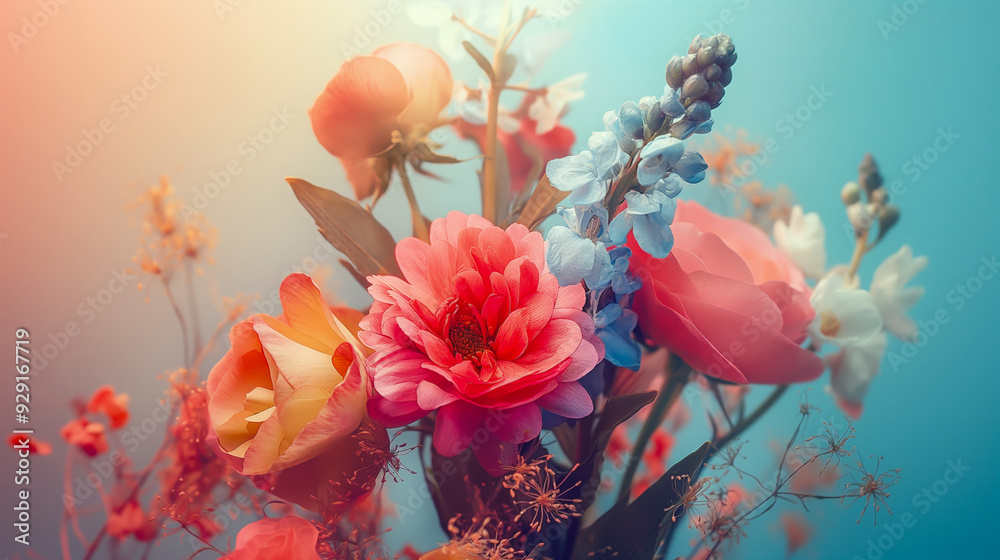 Obraz premium A vibrant bouquet featuring a mix of pink, blue, and peach flowers set against a soft gradient background, blending warm and cool tones. The image evokes a sense of freshness and beauty.