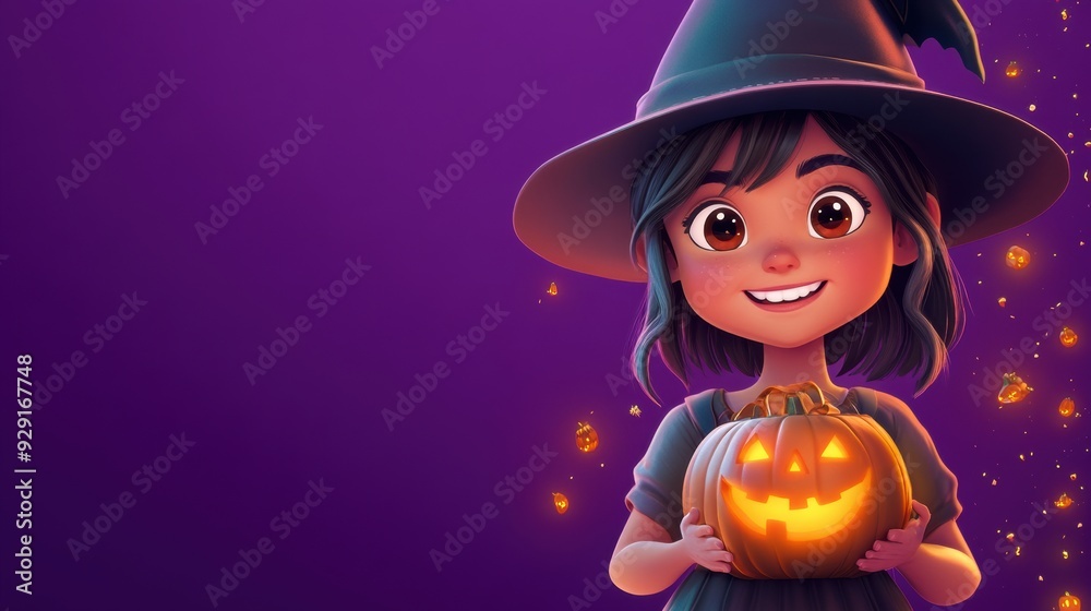 Fototapeta premium A cartoon girl in a witch costume holding up an orange pumpkin, AI