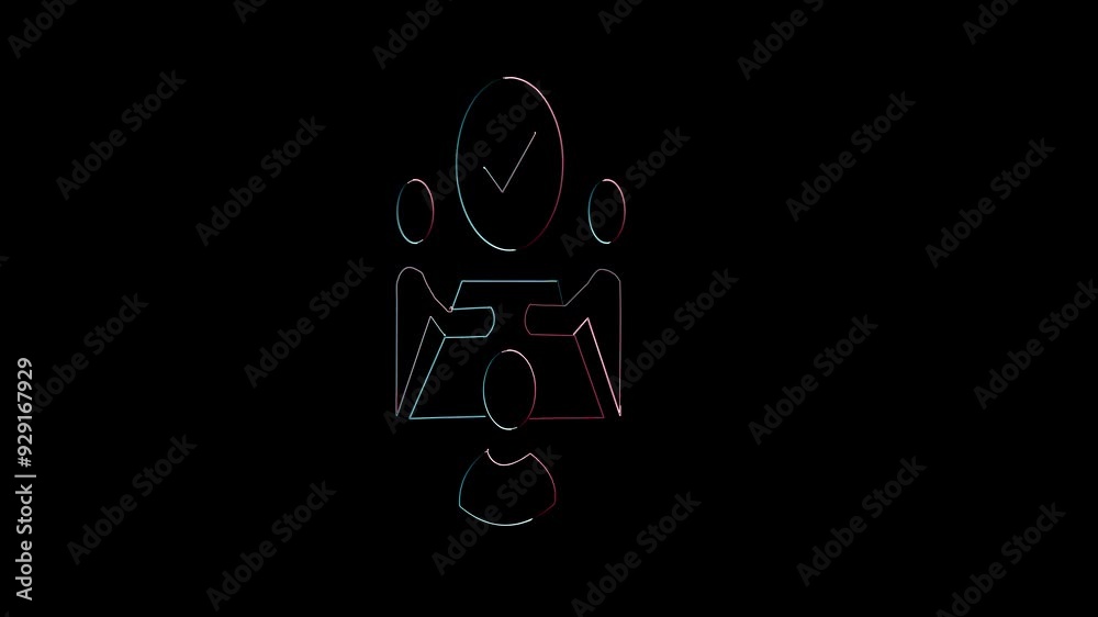3 people sitting at table completing meeting, icon neon light glowing ...