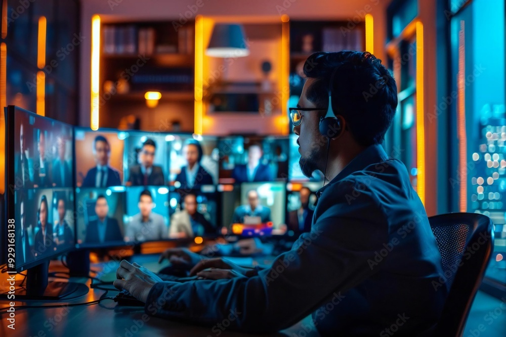 group of professionals conducting a video conference meeting call from their respective homes, with multiple computer monitors displaying each participant. group of professionals conducting a video conference meeting call from their respective homes, with multiple computer monitors displaying each participant.