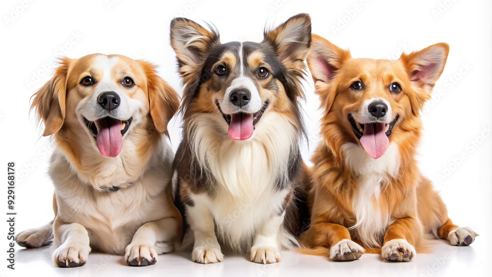 Three playful dogs with floppy ears and wagging tails pose together on a clean white background, capturing the joy and companionship of canine friendship. Three playful dogs with floppy ears and wagging tails pose together on a clean white background, capturing the joy and companionship of canine friendship.