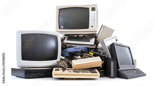 a pile of old electronics, including TVs, VCRs, and a computer.