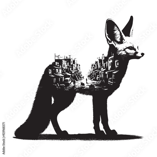 silhouette of Fennec fox, filled with ghetto street in rough drawing,