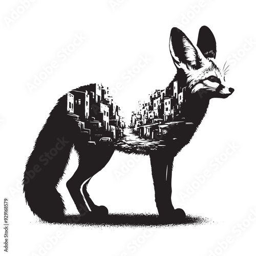 silhouette of Fennec fox, filled with ghetto street in rough drawing,
