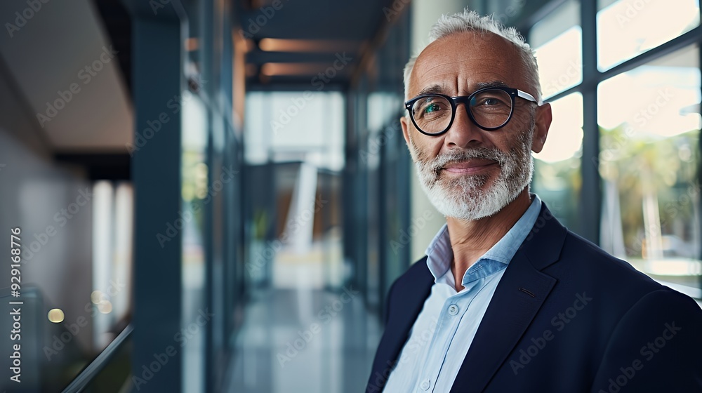 A confident older man in a suit smiles in a modern office setting. A confident older man in a suit smiles in a modern office setting.