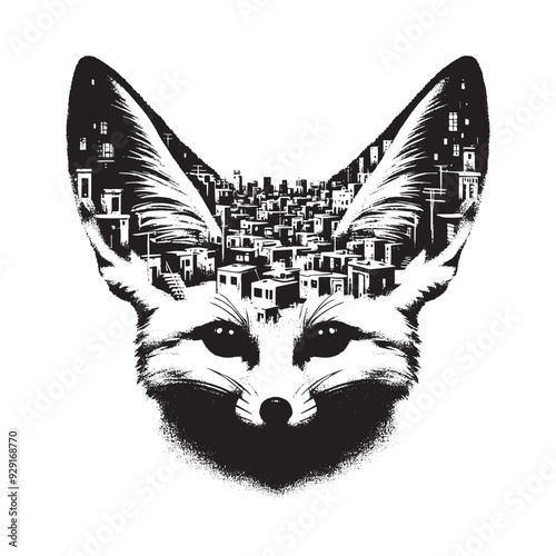 silhouette of Fennec fox, filled with ghetto street in rough drawing,