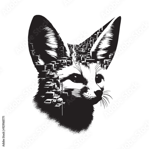 silhouette of Fennec fox, filled with ghetto street in rough drawing,